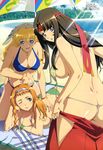  absurdres ass beach between_breasts bikini black_hair blonde_hair blue_eyes braid breasts cleavage cloud day elina hairband headband highres japanese_clothes jewelry large_breasts leina long_hair lotion megami miko miyazawa_tsutomu multiple_girls necklace ocean official_art outdoors parasol purple_eyes queen's_blade saliva siblings sideboob sisters sky smile swimsuit thong_bikini tomoe umbrella undressing water 