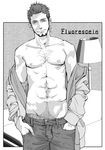  ahoge axis_powers_hetalia bad_id bad_pixiv_id beard body_hair cel_shading chest_hair clc facial_hair greyscale hands_in_pockets head_tilt jacket male_focus monochrome muscle navel_hair open_clothes open_jacket shirtless sideburns smirk solo turkey_(hetalia) 