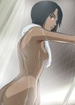  aoshima_yuuko ass back black_hair breasts brown_eyes dark_skin haruyama_kazunori medium_breasts monkey_turn nude short_hair showering sideboob solo towel wet 