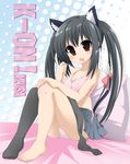  animal_ears bad_id bad_pixiv_id barefoot bell black_hair bra breasts brown_eyes cat_ears cat_tail cleavage jingle_bell k-on! kneehighs lingerie nakano_azusa panties pantyshot pantyshot_(sitting) pillow pink_panties ribbon single_kneehigh sitting skirt small_breasts smile solo striped striped_panties tail tail_ribbon thighhighs underwear watanon_(gakushokutei) 