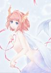  bangs blue_eyes blunt_bangs breasts feathered_wings feathers harpy large_breasts monster_girl nijigami_rin nude original pink_hair red_hair ribbon short_hair solo wings 