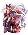  animal_ears bad_id bad_pixiv_id bandages bell blood breasts demon front-seamed_legwear horns japanese_clothes katana legs medium_breasts miyazaki_byou mouth_hold okobo one_eye_closed original seamed_legwear solo sword tabi tail thighhighs thighs torn_clothes weapon white_legwear 