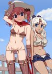  armpits blue_eyes breasts cleavage cowboy_hat cowboy_shot crop_top denim denim_shorts drill_hair fringe_trim gloves groin hair_ribbon hat hirose_(mokiki) long_hair lowleg lowleg_panties medium_breasts multiple_girls original panties pink_hair ponytail purple_eyes ribbon short_hair shorts thighhighs unbuttoned underwear unzipped western whip white_hair white_panties 