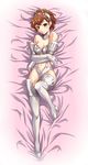  alternate_costume armor bare_shoulders bed bikini_armor blush broken_armor brown_hair dakimakura embarrassed female_protagonist_(persona_3) full_body high-cut_armor high_heels highres lying persona persona_3 persona_3_portable red_eyes segami_daisuke shoes solo thighhighs torn_clothes wardrobe_malfunction 