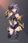  aliceblue arm_strap artist_name ass_visible_through_thighs bangs black_bodysuit black_gloves blue_eyes bodysuit breasts character_name commentary_request covered_navel cropped_legs damaged elbow_gloves eyebrows_visible_through_hair floating_hair fu_hua_(honkai_impact) gauntlets gloves hair_between_eyes hair_ornament highres holding holding_mask honkai_impact lightning long_hair looking_at_viewer mask medium_breasts open_mouth power_suit shadow_knight_(honkai_impact) side_cutout sidelocks skindentation sleeveless_bodysuit solo thighhighs tied_hair 