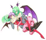  animal_print artist_request ass bare_shoulders bat_print bat_wings breasts cleavage cleavage_cutout demon_girl elbow_gloves gloves green_eyes green_hair hair_over_one_eye head_wings large_breasts leotard lilith_aensland long_hair morrigan_aensland multiple_girls pantyhose print_legwear purple_wings red_eyes red_leotard short_hair vampire_(game) wings 