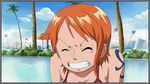  animated animated_gif bikini bouncing_breasts breasts cleavage earrings jewelry large_breasts lowres nami_(one_piece) one_piece orange_hair screencap sexually_suggestive solo swimsuit tattoo tree 