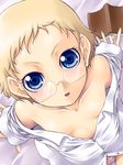  bare_shoulders bed_sheet blonde_hair blue_eyes book dutch_angle flat_chest forehead foreshortening from_above glasses looking_up nightshirt off_shoulder open_mouth original panties short_hair solo striped striped_panties underwear yaso_shigeru 