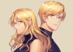  1boy 1girl black_shirt blonde_hair breasts earrings glasses grey_background jewelry large_breasts looking_at_viewer milcho mole mole_under_eye original rimless_eyewear shirt short_hair siblings signature simple_background sleeveless sleeveless_shirt twins upper_body yellow_eyes 