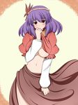  breasts hair_ornament large_breasts leaf_hair_ornament navel purple_hair shirt_lift skirt solo touhou underboob yasaka_kanako zefyu 