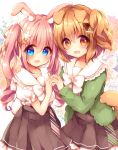  2girls :d animal_ear_fluff animal_ears blue_eyes blush bone_hair_ornament bow brown_bow brown_eyes brown_hair brown_skirt bunny_ears bunny_girl bunny_tail carrot_hair_ornament commentary_request dog_ears dog_girl dog_tail flower food_themed_hair_ornament green_jacket hair_bow hair_flower hair_ornament hairclip hand_holding haru_ichigo highres interlocked_fingers jacket long_hair multiple_girls open_clothes open_jacket open_mouth original pink_hair pleated_skirt puffy_short_sleeves puffy_sleeves ringlets sailor_collar shirt short_sleeves skirt smile tail twintails very_long_hair white_bow white_flower white_sailor_collar white_shirt 