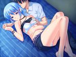  1girl 3: bangs bare_legs barefoot bedroom belt blue_eyes blue_skirt bow bow_bra bra bracelet breast_grab breasts closed_mouth collared_shirt couple crossed_belts denim denim_skirt dress_shirt faceless faceless_male frown game_cg grabbing hair_ornament half-closed_eyes hetero himuro_rikka holding_hands indoors interlocked_fingers jewelry knees_up koutaro light_blue_hair looking_away lying medium_breasts miniskirt multiple_belts necklace on_back on_side panties pantyshot pantyshot_(lying) parted_lips pencil_skirt pendant print_bed_sheet purple_belt shirt shirt_lift short_hair skirt strapless strapless_bra striped tropical_kiss underwear upskirt vertical_stripes white_bra white_panties white_shirt wing_collar x_hair_ornament 