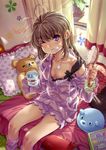  bed blush brown_hair collarbone copyright_request curtains hair_brush kink messy_hair off_shoulder one_eye_closed purple_eyes sitting solo squiggle stuffed_animal stuffed_toy teddy_bear toothbrush waking_up wince 
