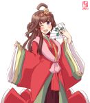  1girl alternate_costume artist_logo blush brown_hair cowboy_shot crown dated double_bun eyebrows_visible_through_hair fan folding_fan hair_between_eyes hair_ornament highres japanese_clothes kanon_(kurogane_knights) kantai_collection kimono kongou_(kantai_collection) long_hair long_sleeves looking_at_viewer obi one_eye_closed open_mouth purple_eyes saishi sash signature simple_background smile solo white_background wide_sleeves 