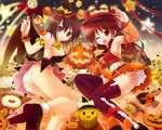  ass bat_wings black_hair black_wings breasts brown_hair candy checkerboard_cookie cookie detached_sleeves doughnut fangs food geta hakurei_reimu halloween hat jack-o'-lantern medium_breasts midriff multiple_girls navel no_bra panties porurin pumpkin red_eyes shameimaru_aya short_hair sideboob star tengu-geta thighhighs touhou underwear vampire wand wings witch_hat yukkuri_shiteitte_ne 