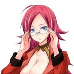  :o adjusting_eyewear blue_eyes breasts cleavage fate/extra fate_(series) francis_drake_(fate) glasses long_hair looking_at_viewer medium_breasts open_mouth red_hair simple_background solo upper_body white_background zanku 