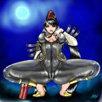  bayonetta bayonetta_(character) beauty_mark big_breasts black_hair bodysuit breasts brown_eyes cleavage cleavage_cutout collbrande erect_nipples from_below glasses gun hair_bun heels high_heels highres large_breasts long_hair mole moon night red_ribbon ribbon shoes spread_legs squat squatting very_long_hair weapon 