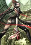  ass back backless_outfit bayonetta bayonetta_(character) black_hair bodysuit chain from_below glasses gun hand_on_hip highres karee solo torn_clothes weapon 