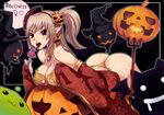  ass bad_id bad_pixiv_id bent_over breasts brown_hair candy cleavage copyright_name earrings fang food food_themed_clothes food_themed_hair_ornament ghost gypsy_(ragnarok_online) hair_ornament halloween highres jack-o'-lantern jack-o'-lantern_earrings jewelry large_breasts lollipop panties pasties penguin_caee pitchfork pointy_ears pumpkin pumpkin_hair_ornament ragnarok_online side_ponytail solo thong tongue underwear 