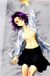  bad_id bad_pixiv_id breasts groin highres kajiki_yumi large_breasts lying navel nori_(sprm) open_clothes open_shirt purple_hair red_eyes saki school_uniform shirt short_hair skirt solo 