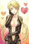  bad_id bad_pixiv_id blonde_hair blush bodysuit breasts center_opening cleavage heart kasuga_(sengoku_basara) large_breasts long_hair myui ninja sengoku_basara solo 