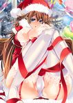  bad_id bad_pixiv_id blue_eyes breasts brown_hair cameltoe christmas cleavage garter_straps hat large_breasts long_hair original panties pantyshot pantyshot_(sitting) ribbon santa_costume santa_hat sitting snow solo thighhighs underwear yu_(bkks) 