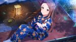  blue_kimono blue_legwear brown_eyes brown_hair crossed_arms floating_hair floral_print hair_ornament holding holding_stuffed_animal idolmaster idolmaster_(classic) idolmaster_million_live! idolmaster_million_live!_theater_days japanese_clothes kimono long_hair looking_at_viewer minase_iori official_art print_kimono sitting smile solo stuffed_animal stuffed_toy very_long_hair 