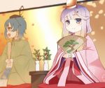  2girls blue_hair blurry bottle brown_eyes brown_hair commentary_request cushion depth_of_field fan fangs fukae_(kantai_collection) gradient_hair hat hina_ningyou japanese_clothes kantai_collection kimono layered_clothing layered_kimono long_hair multicolored_hair multiple_girls orange_hair purple_eyes purple_hair ritual_baton saishi seiza short_hair sidelocks sitting soba_(sobaya1938) solo_focus table tokkuri tsushima_(kantai_collection) 