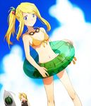  1girl alphonse_elric bad_id bad_pixiv_id bikini blonde_hair blue_eyes day edward_elric food front-tie_top fruit fullmetal_alchemist goggles goggles_around_neck innertube long_hair ponytail riru skirt smile swimsuit watermelon winry_rockbell 