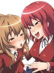  aisaka_taiga blush brown_eyes brown_hair kushieda_minori long_hair multiple_girls nishimo red_hair school_uniform short_hair tongue toradora! 