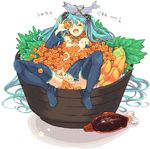  ;d aqua_eyes aqua_hair blue_eyes boots bowl breasts detached_sleeves dosanko eyebrows_visible_through_hair fish fish_bottle food hatsune_miku ikura_(food) in_bowl in_container in_food leaf long_hair minigirl nipples nude oekaki one_eye_closed open_mouth roe simple_background sitting small_breasts smile solo thigh_boots thighhighs translated twintails very_long_hair vocaloid white_background 