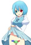  :p blue_eyes blue_hair censored greave_(asterism) heterochromia navel no_panties novelty_censor red_eyes short_hair skirt skirt_lift solo tatara_kogasa tongue tongue_out touhou ufo 