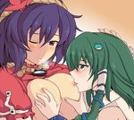  bad_id bad_pixiv_id breast_sucking breasts hair_ornament kochiya_sanae large_breasts leaf_hair_ornament multiple_girls touhou yasaka_kanako yude yuri 