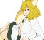  blonde_hair blue_eyes breasts cleavage code_geass garter_belt glasses hair_over_one_eye hairu large_breasts milly_ashford necktie open_clothes open_shirt raised_eyebrow shirt skirt smile solo thighhighs 