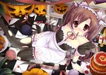  animal_ears bell between_breasts black_legwear blush breasts brown_eyes brown_hair caidychen cake candle cat cat_ears cleavage food fruit garters halloween highres jack-o'-lantern jingle_bell large_breasts long_hair maid mouth_hold original pastry pumpkin ribbon slit_pupils solo strawberry tail tail_ribbon thighhighs torn_clothes torn_legwear twintails yarn yarn_ball 