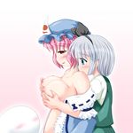  blue_eyes blush breast_grab breasts grabbing hat konpaku_youmu konpaku_youmu_(ghost) large_breasts multiple_girls nipples open_clothes open_shirt pink_hair red_eyes riku_(rikkuru) saigyouji_yuyuko shirt silver_hair touhou yuri 