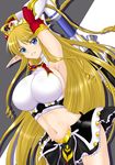  armpits blonde_hair blue_eyes breasts drill_hair elbow_gloves gloves highres huge_breasts impossible_clothes impossible_shirt kurogane_(blackxsilver) long_hair long_pointy_ears midriff navel neige_hausen parted_lips pointy_ears shirt skirt smile solo super_robot_wars super_robot_wars_og_saga_mugen_no_frontier super_robot_wars_og_saga_mugen_no_frontier_exceed very_long_hair 