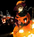  bad_id bad_pixiv_id brown_eyes brown_hair candy copyright_request food gloves halloween happy_halloween hat jack-o'-lantern pumpkin pumpkin_costume sasamori_tomoe solo thighhighs witch_hat 