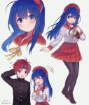  1boy 1girl blue_eyes blue_hair blush couple fire_emblem fire_emblem:_fuuin_no_tsurugi gloves hat headband highres lilina long_hair long_sleeves looking_at_viewer neckerchief nintendo open_mouth pleated_skirt red_hair roy_(fire_emblem) sailor_collar school_uniform serafuku shirt simple_background skirt smile tokika_asr white_shirt 