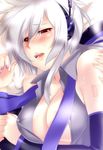  blush breasts caffein cleavage covered_nipples highres large_breasts nail_polish purple_nails red_eyes silver_hair solo tears vocaloid voyakiloid yowane_haku 