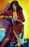  1girl 80s alcohol bare_legs bathrobe breasts cat&#039;s_eye cat's_eye cleavage female kisugi_rui lipstick looking_at_viewer makeup mole mole_under_mouth oldschool solo teeth 