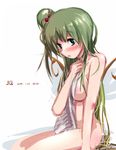  bad_id bad_pixiv_id blue_eyes blush breasts covering daiyousei green_hair highres jq long_hair medium_breasts nude nude_cover side_ponytail sitting sketch solo touhou towel very_long_hair wings 