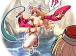  1girl ahoge bad_id bad_pixiv_id blonde_hair blush breasts dancer eel gypsy_(ragnarok_online) hat huge_breasts long_hair nipples open_mouth pinky_out pointy_ears ragnarok_online red_eyes sakage solo_focus sparkle splashing tiny_head water whip wings 