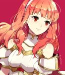 1girl celica_(fire_emblem) closed_mouth detached_collar earrings fire_emblem fire_emblem_echoes:_mou_hitori_no_eiyuuou guttary hairband jewelry long_hair nintendo red_background red_eyes red_hair simple_background smile solo twitter_username upper_body white_hairband 