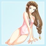  bad_id bad_pixiv_id barefoot blue_eyes breasts brown_hair cleavage hair_ornament hands highres long_hair medium_breasts nintendo one-piece_swimsuit pointy_ears princess_zelda smile solo swimsuit tamamon the_legend_of_zelda the_legend_of_zelda:_twilight_princess 