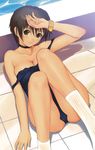  absurdres arms_up bare_shoulders black_eyes black_hair breasts choker cleavage collar collarbone highres knees_on_chest large_breasts legs long_legs lying on_back one-piece_swimsuit original pool school_swimsuit short_hair smile socks solo strap_slip swimsuit swimsuit_pull tanaka_takayuki watch wristwatch 