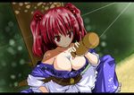  alcohol bad_id bad_pixiv_id between_breasts breasts bust_cup cleavage hair_bobbles hair_ornament large_breasts onozuka_komachi red_eyes red_hair sake short_hair solo touhou two_side_up wata 