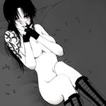  bad_id bad_pixiv_id bad_proportions black_lagoon boots breasts bullet face fingerless_gloves gloves greyscale interlocked_fingers knee_boots large_breasts long_hair monochrome nagumo_kuu nude revy_(black_lagoon) solo tattoo 