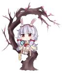  1girl :o animal_ears animal_slippers azur_lane bailingxiao_jiu blush bow brown_eyes bunny_ears bunny_slippers chibi dress hair_bow hairband in_tree laffey_(azur_lane) long_hair long_sleeves parted_lips pink_footwear pleated_dress red_bow red_dress red_hairband silver_hair simple_background sitting sitting_in_tree solo tree twintails very_long_hair white_background 