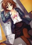  absurdres bra brand_name_imitation breasts brown_hair cleavage eraser glasses highres lingerie looking_at_viewer lying medium_breasts muririn on_back open_clothes open_shirt pantyhose pencil pov purple_eyes shirt short_hair solo tombow_mono underwear 